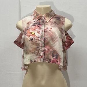Millau women size small pink floral open shoulder cropped top